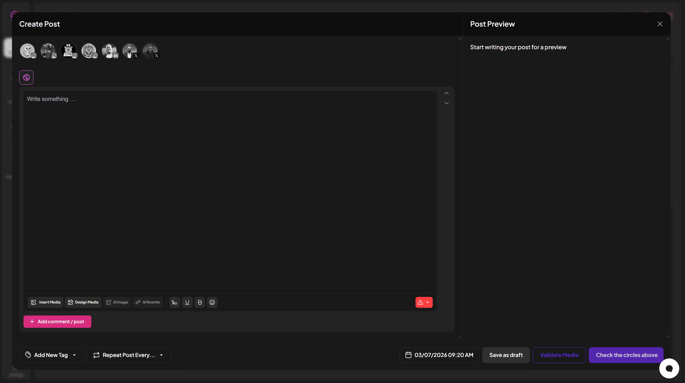 Warply post composer — create and schedule posts across Facebook, Instagram, X, TikTok, and LinkedIn